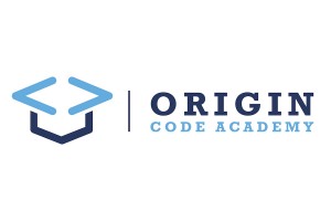 origin code academy logo which is their name and a pair of angle brackets made to look like a mortarboard hat in various shades of blue.