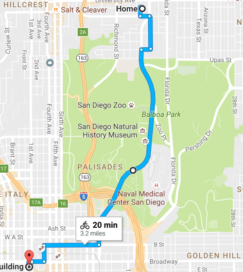 a Google Maps route for bicycles from Hillcrest, San Diego through Balboa Park to downtown San Diego