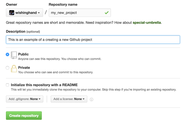 Github's web interface for creating a new repo