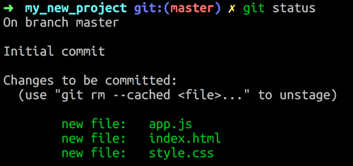 command line git showing staged file changes